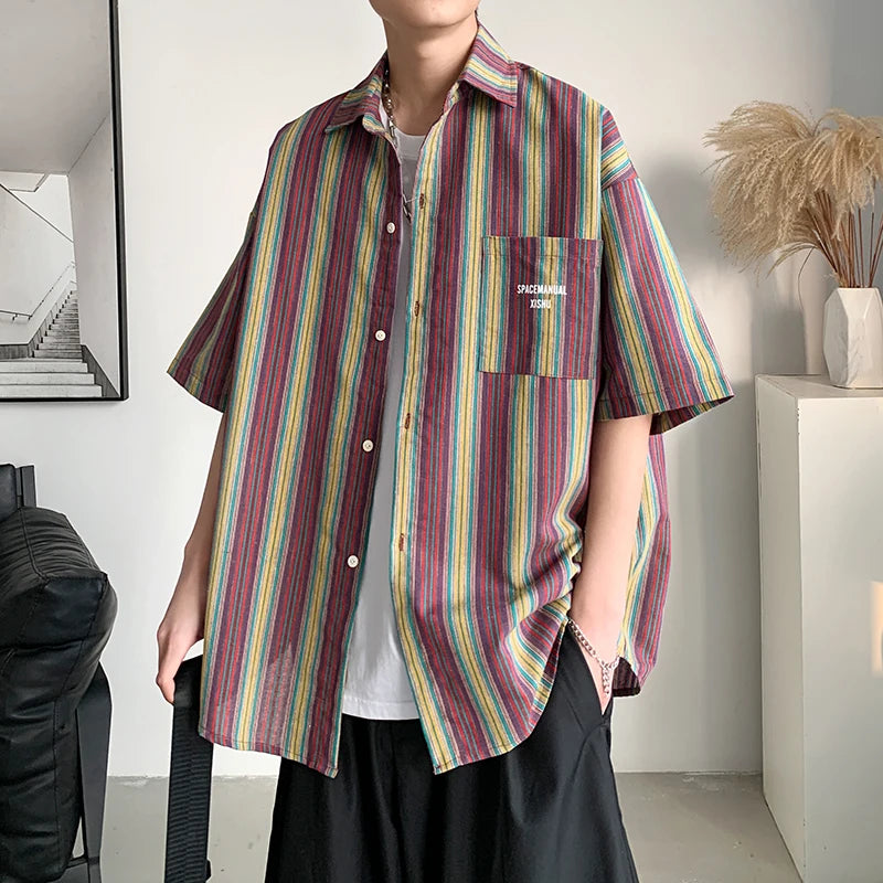 Hehope 2024 Summer Men's Color Striped Short Sleeve Shirt Oversized Hawaiian Beach Shirt Japanese Style Fashion Casual Blouse Clothes