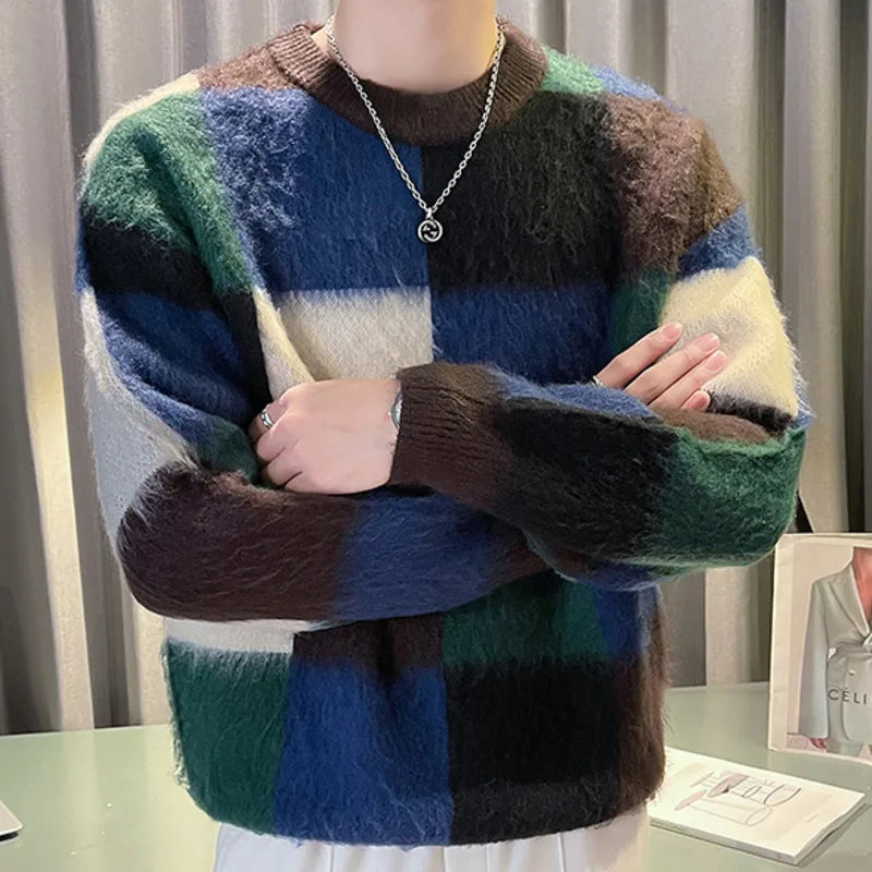 Hehope Plaid Contrasting Color Stitching Print Knitted Sweater Men Pull Homme O-Neck Pullover Korean Sweater Color Fall Winter Sweater