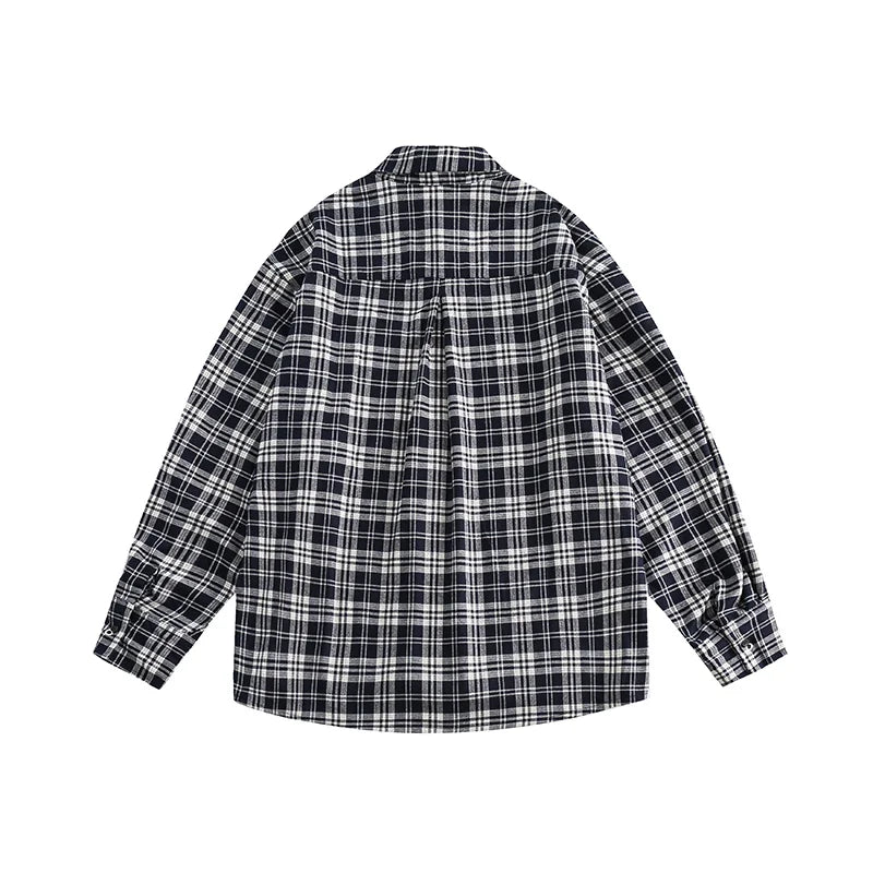 Hehope Autumn Men Grid Pattern Long Sleeve Shirt Fashion Streetwear Lapel Open Front Classic Plaid Button Up Shirt Jacket Male Clothes