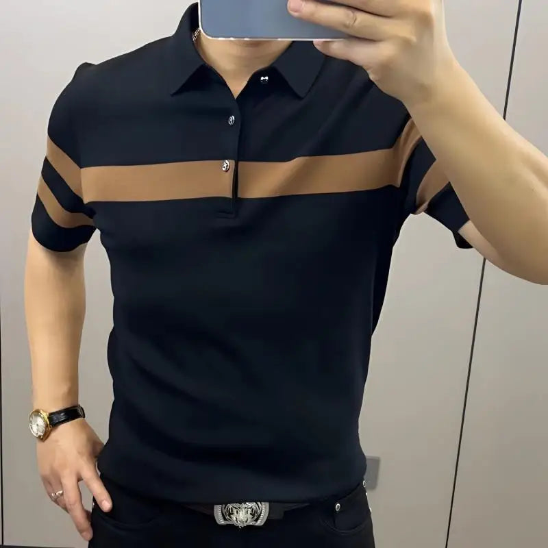 Hehope Summer Patchwork Polo Shirt Korean Trend Contrast Button Stripes Light Luxury Slim Casual Fashion Versatile Short Sleeve T-shirt