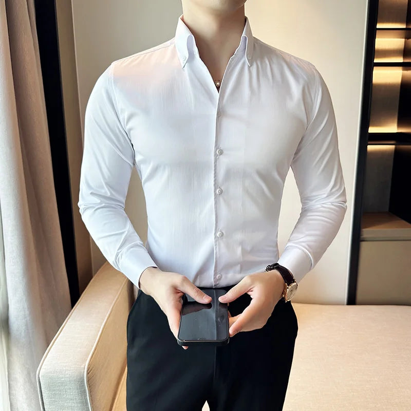 Hehope Korean Black White High Quality Solid Color Long Sleeve Shirt Men Business Slim Fit Casual Shirts Formal Office Social Party Top