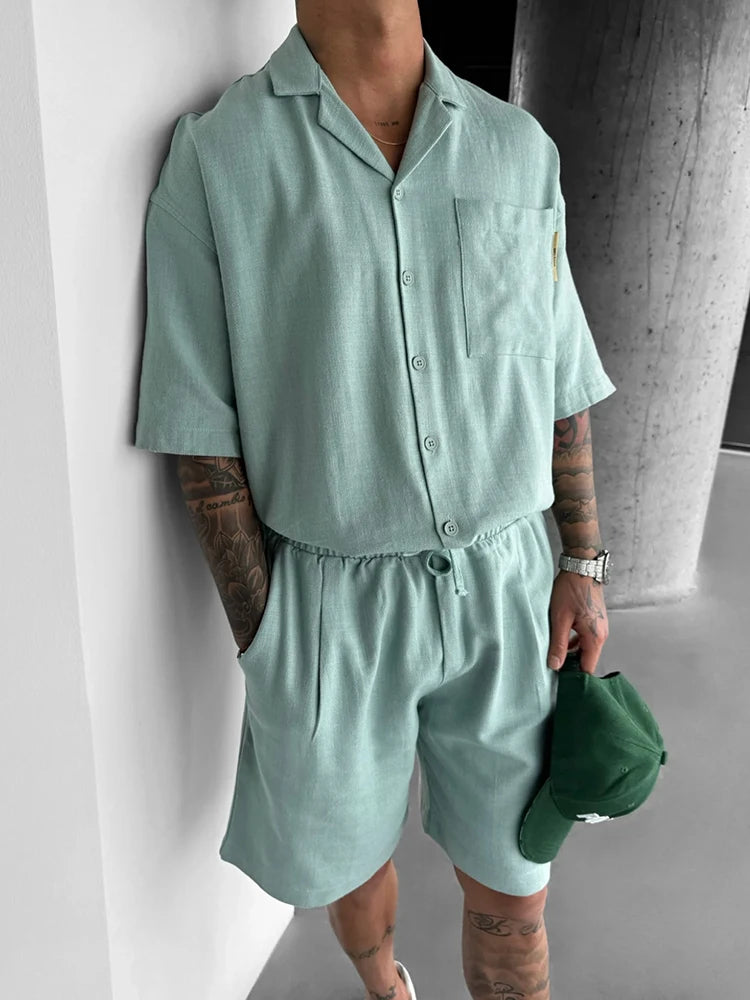 Hehope Summer Fashion Pocket Short Sleeve Shirt And Shorts Mens Two Piece Sets Casual Solid Color Outfits Streetwear Men Loose Suits