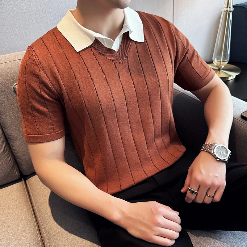 Hehope Korean Style Mens Knitted Polos Shirts Fake Two Piece Contrast Collar Striped Summer Short Sleeve Casual Slim Fit Tops Tees Man