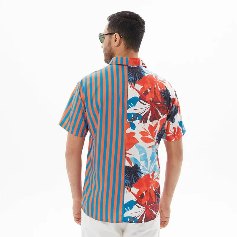 Hehope Fashion Summer Men's Shirt Casual Short Sleeve Hawaiian Beach Stripe Patchwork Color Lapels Street Daily Shirt Men Clothes