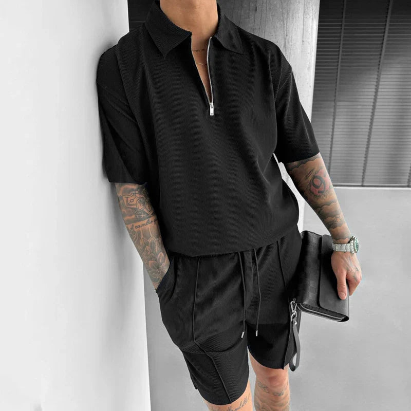 Hehope Trendy Mens Two Piece Sets Spring Summer Casual Lapel Zipper Short Sleeve Polo Shirt And Shorts Suits Men Fashion Loose Outfits