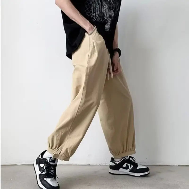 Hehope Spring Summer Loose Japanese Casual Pants Solid Color Drawstring Fashion Slim Youth Men's Workwear Wide Leg Guard Pants