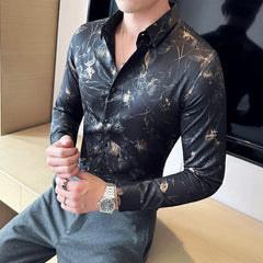 Hehope Luxury Gold Silk Printed Shirt Men Fashion Slim Fit Long Sleeved Casual Shirts Business Social Formal Dress Shirts Men Clothing