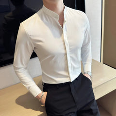 Hehope Brand New Fashion Stand Collar Solid Slim Fit Shirts Mens Casual Luxury Long Sleeve Party Wedding Business Dress Shirts