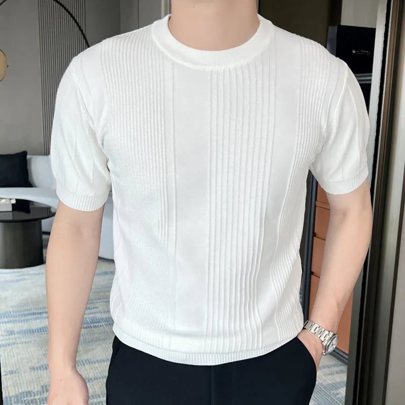 Hehope Knitted Short Sleeved T-shirt Men Summer Streetwear Korean Solid Color Top Camisa Masculina Tee Shirt Homme Black White