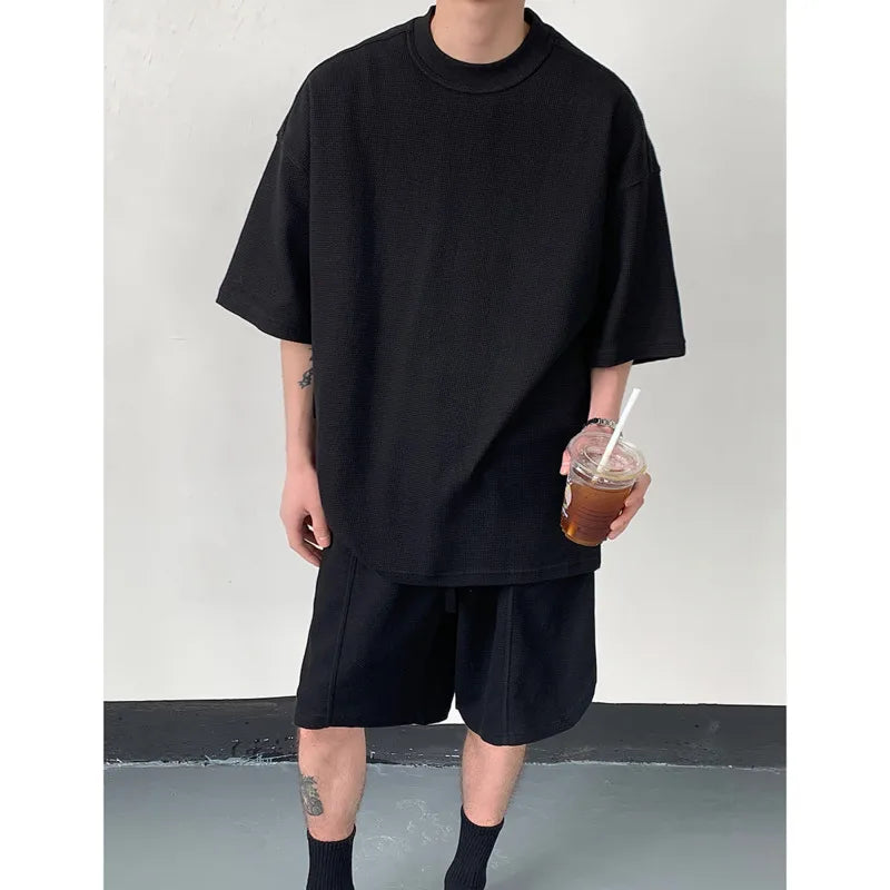 Hehope Summer Set Men Fashion Black Green Sports Set Men Streetwear Korean Loose Short Sleeved T-shirts Shorts Set Mens Short Sets