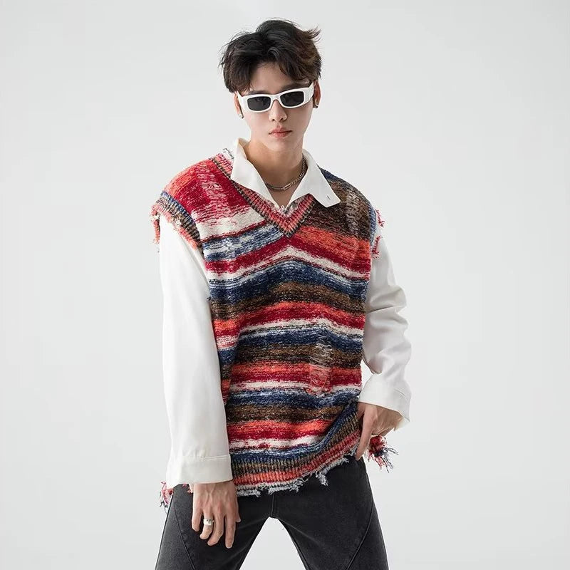 Hehope Vintage Gradient Stripe Baggy Knitted Sweater Vest Washed Ripped Red Sweater Tank Top Y2k Tie Dyeing V-Neck Sleeveless knitwear