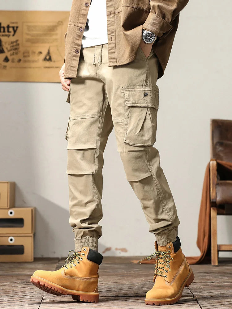 Hehope Autumn New Cargo Pants Men Work Wear Multi-Pockets Ankle-Length Solid Cotton Slim Fit Joggers Male Casual Trousers