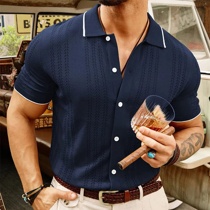 Hehope Retro Striped Knitted Lapel Mens Shirt Short-sleeved Buttoned Knitting Shirts For Men Summer Casual Slim Fit Knit Cardigan Tops