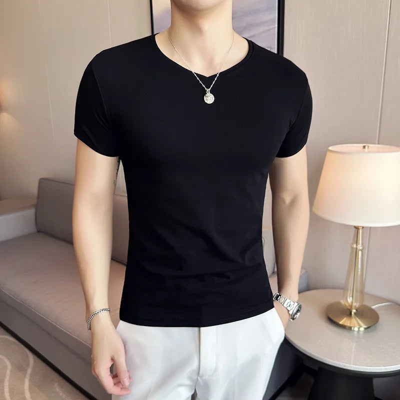 Hehope High Elastic Pure Cotton Slim Fit T Shirt for Men Summer New Solid Casual Short Sleeved T-shirt Tops Korean Men Clothing