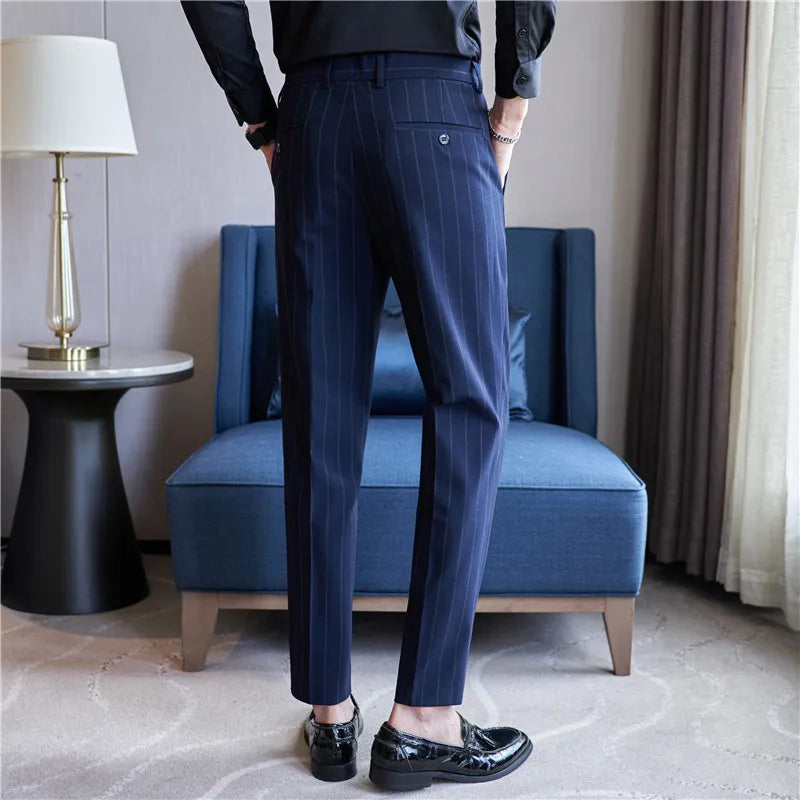 Hehope Men's Striped Suit Pants Elastic Autumn New Social Casual Trousers Slim Fit Suit Pants Business Office Wedding Men Clothing