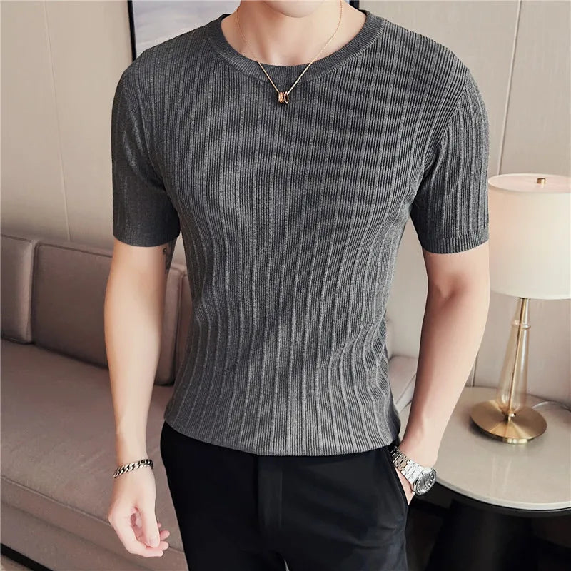 Hehope Men's Summer Casual Short Sleeve T-shirt /Male Slim Fit Striped Round Collar High Elastic Force Knit T-shirts Green Tees S-4XL