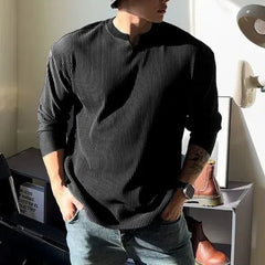 Hehope 2024 Spring and Autumn Men's V-Neck Folds Thread Loose Tops New Pattern Fitness Long Sleeved T-shirt Sports Training Slim Tops