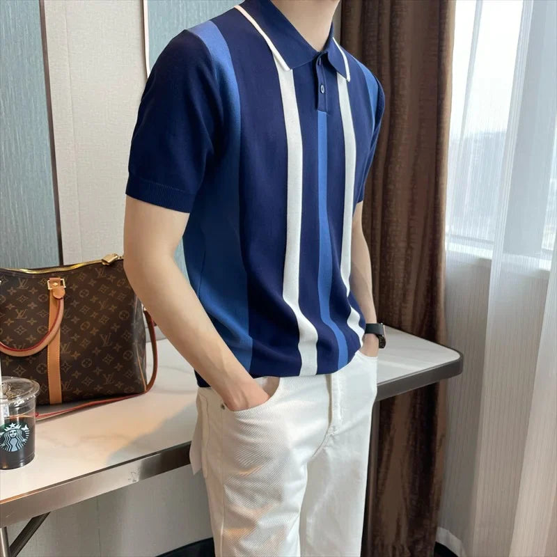 Hehope 2024 Summer Fashion Trend British Style Casual Business Polo Collar Stripe Contrasting Ice Silk Short Sleeved T-shirt for Men