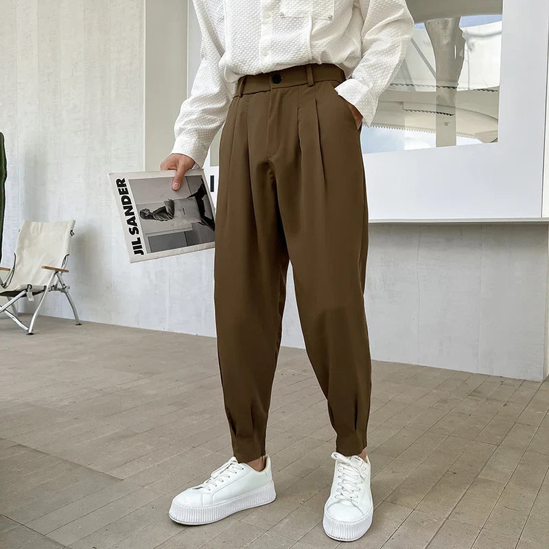 Hehope New Fashion Spring Summer Pants Men Tapered Bottom Slit Trousers Korean Style White Khaki Black Elastic Waist Casual Pants Man