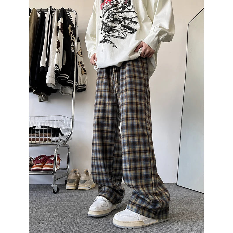 Hehope England Style Red Plaid Pants Men's Trousers Spring Autumn Drape Straight-leg Pants Loose Comfortable Home Casual Pants