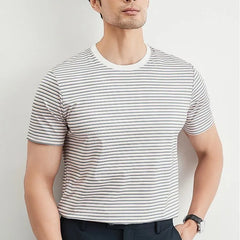 Hehope Fashion Casual New Summer T-Shirts Men Round Neck Striped Ice Silk Fabric Anti Pilling Trend Versatile Short Sleeve Slim Tops