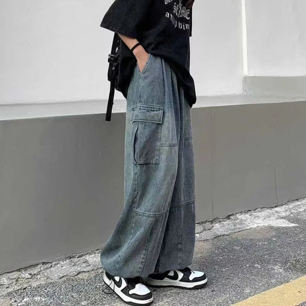 Hehope Spring Autumn Trousers Y2K Baggy Jeans for Men Wide Leg Pants Pockets Elastic Waist Streetwear Loose Comfortable Pants