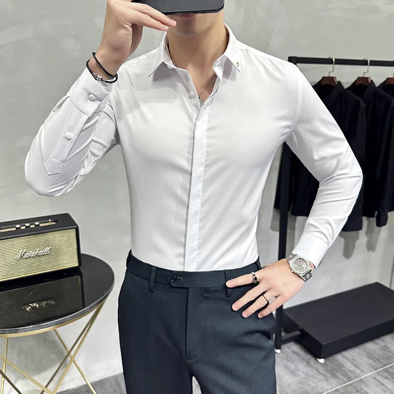 Hehope High Quality Solid Dress Shirt Men Simple Long Sleeve Slim Fit Business Shirts Homme Social Casual Shirt Plus Size 4XL-M