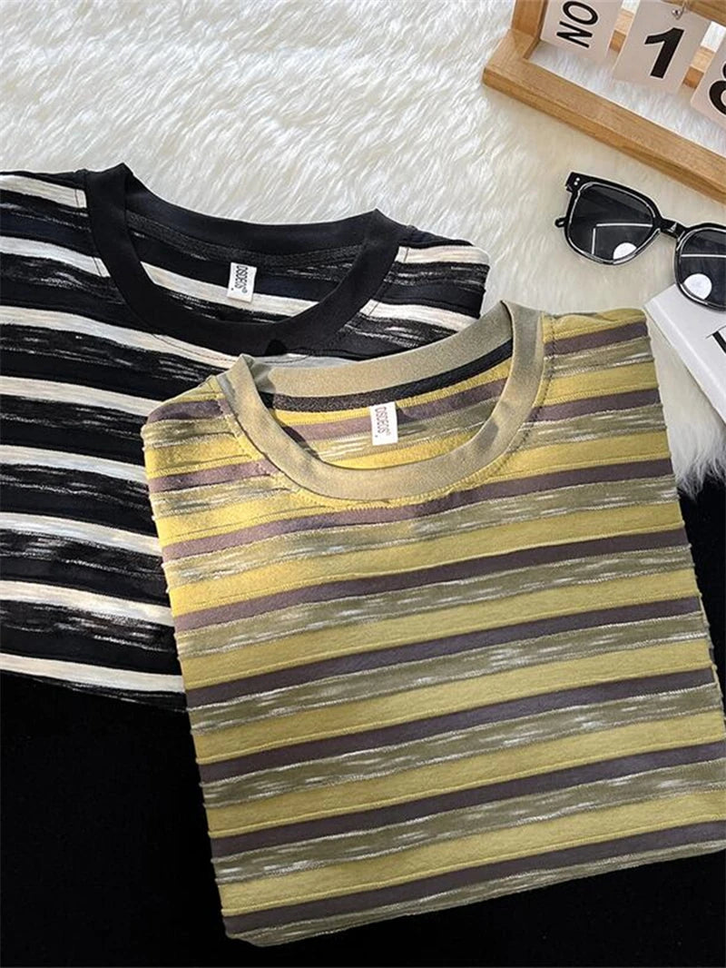 Hehope Men Oversized Streetwear Cotton Striped T Shirts 2024 Summer Mens Japanese Fashions Harajuku T-Shirt Male Vintage Tees D190