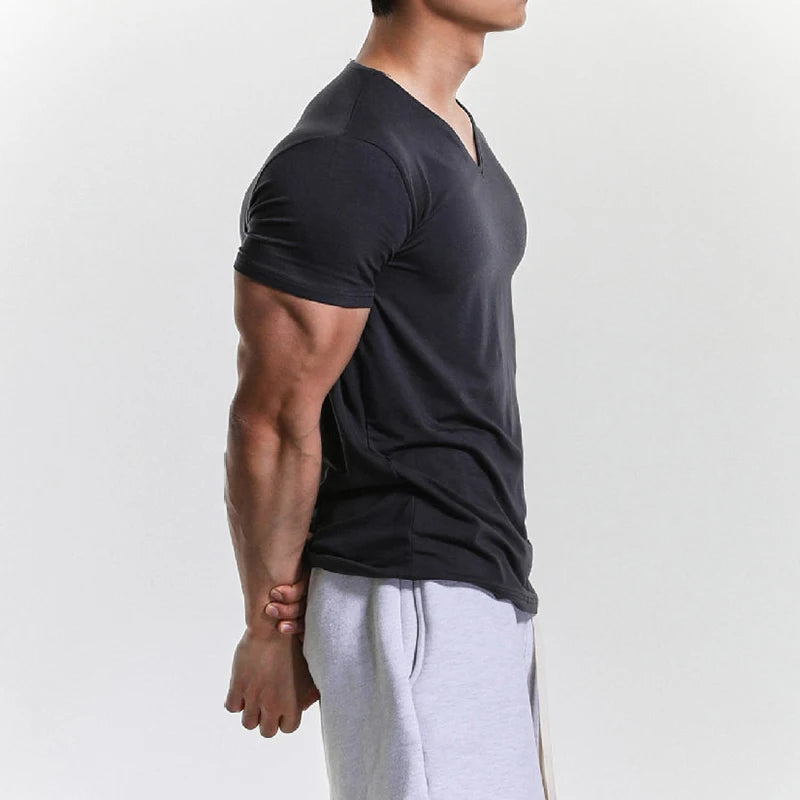 Hehope Sports Fitness Muscle Slim T Shirts Men Casual Short Sleeve V Neck Tops Summer Fashion Solid Color Pullovers Mens Clothes Gyms