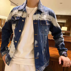 Hehope Hole Letter Label Printing Fashion New Men's Denim Slim Fit Bomber Jacket Mens Autumn Casual Hip Hop Denim Jacket Veste En Jean