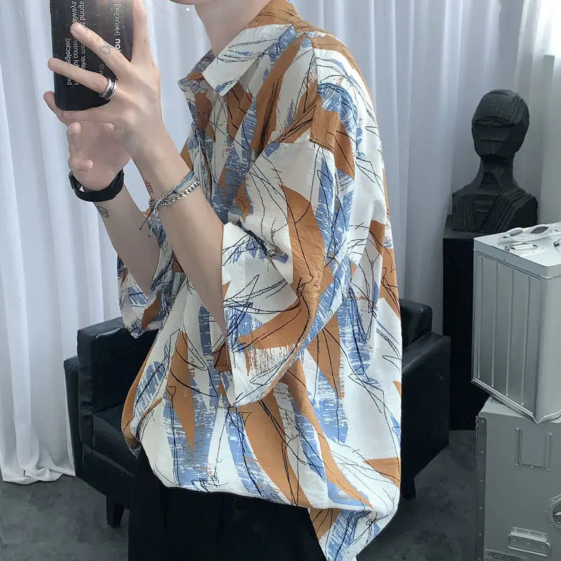 Hehope Handsome Shirts Straight Turn-down Collar Short Sleeve Button Printing Comfortable Street Casual Fashion Men's Clothing Summer