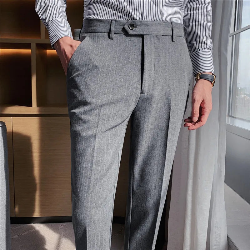 Hehope Autumn High Quality Stripes Suit Pants Mens Business Slim Fit Solid Color Suit Pants Office Social Wedding Party Dress Pants