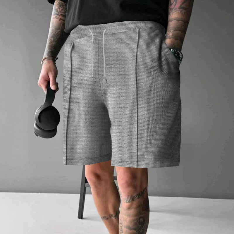 Hehope New Casual Mens Shorts Solid Color Pleated Drawstring Lace-up Straight Shorts 2024 Spring Summer Streetwear Men Fashion Shorts