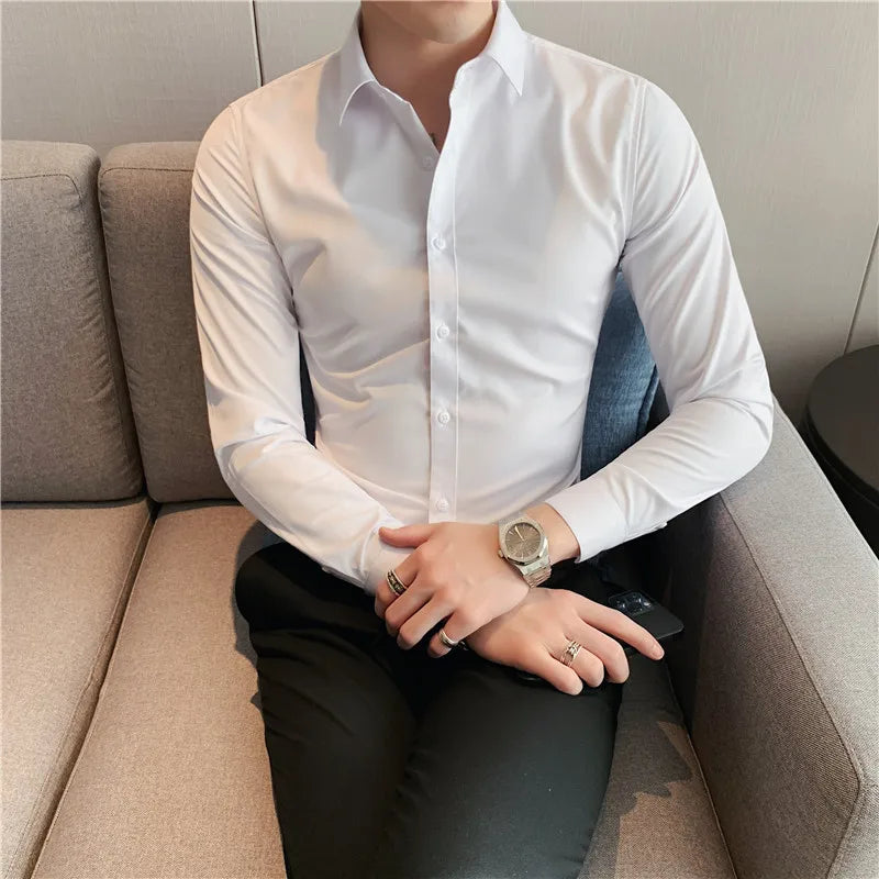 Hehope Men Long Sleeve Shirt New British Style Solid Casual Slim Fit Camisas Y Blusas Formal Dress Chemistry Homme Men Clothing