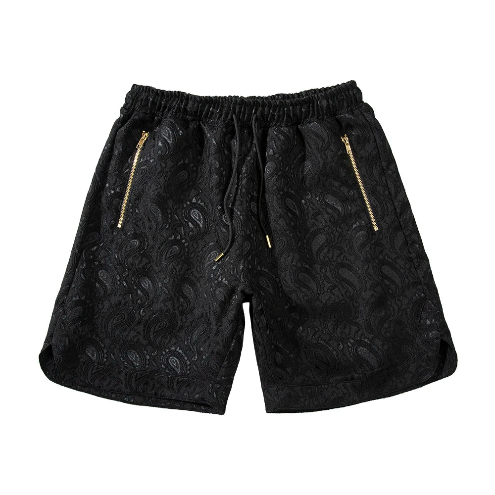 Hehope Streetwear West Coast Retro Cashew Flower Velvet Casual Shorts Embroidery Jacquard Hip Hop Oversized Men's Beach Shorts Summer