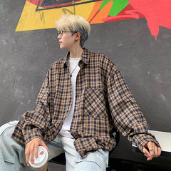 Hehope Harajuku Long Sleeve Plaid Shirts Men Autumn Loose High Street All-match Shirt Gentleman Camisa Check Tops Stylish 5XL-M