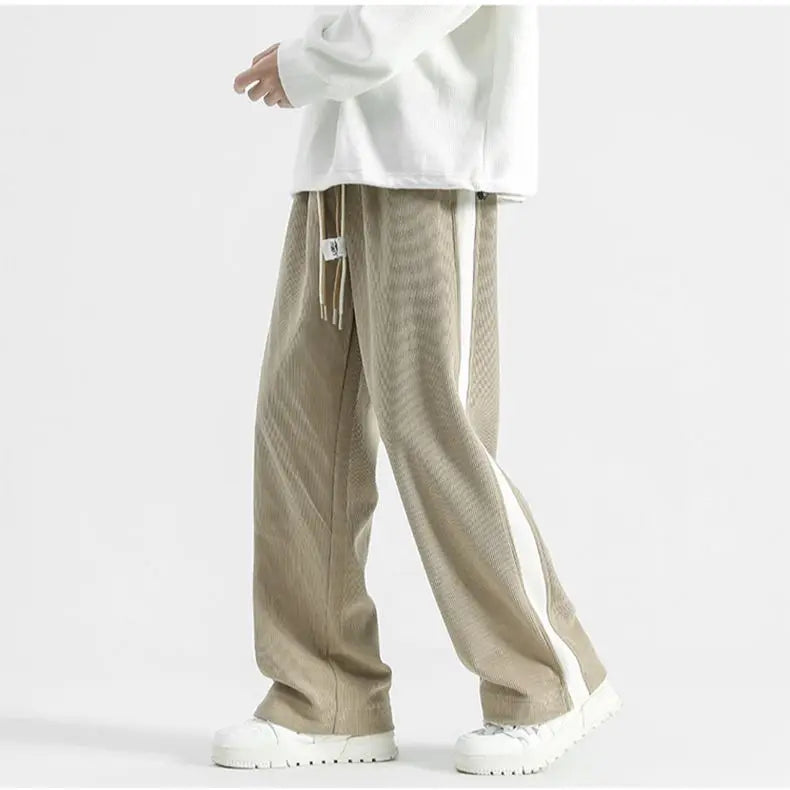 Hehope Autumn Winter Casual Soft Men Elastic Loose Drawstring Sweatpants Pants Warm College Style Corduroy Warm Striped