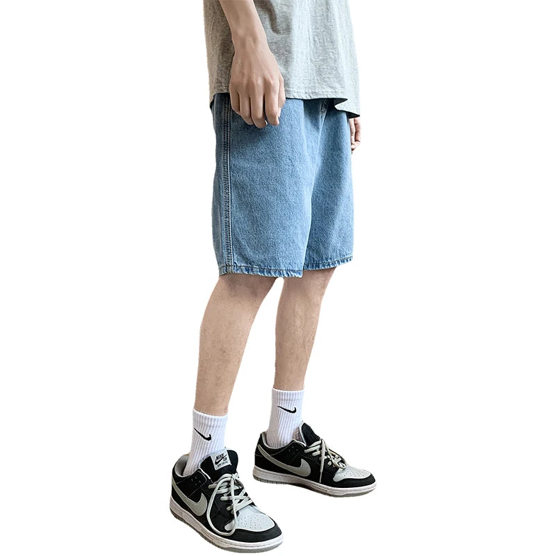 Hehope summer new men's loose casual denim shorts elastic waist drawstring black shorts brand men's clothing