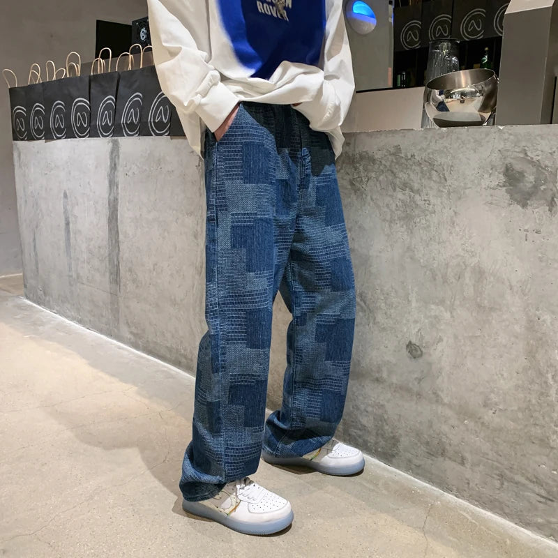 Hehope Blue Black Plaid Jeans Men Retro Casual Wide-leg Jeans Mens Streetwear Loose Hip-hop Straight Denim Trousers Men Vintage Jeans