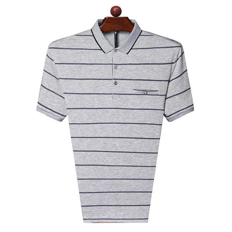 Hehope Summer New Fashion Casual Oversized Comfortable Middle Aged Men's Clothing Lapel Stripe Printed Short Sleeve POLO Shirt