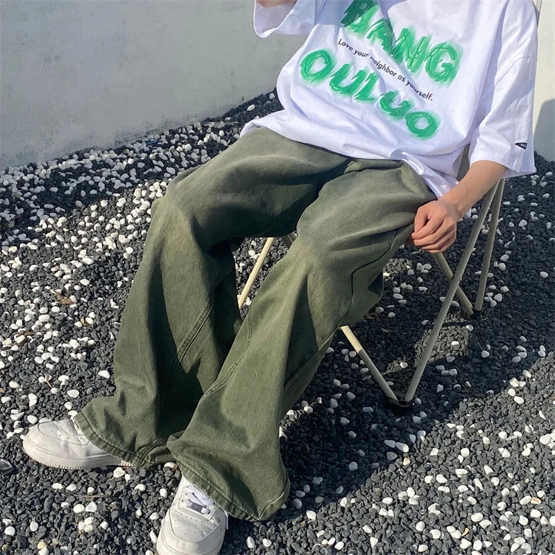 Hehope Green Jeans Baggy Distressed Vintage Denim Trousers Male Wide Leg Pants Men Streetwear Retro Oversize Casual Hip Hop