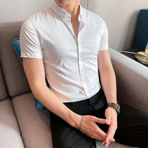 Hehope Short-sleeved White Shirt Men Summer High Quality Solid Color British Elastic Slim Fit Fashion Casual Men Clothing Top Shirt