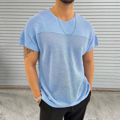 Hehope Knitting Hollow Out Breathable Thin T Shirt Mens Summer Fashion Pure Color Knitted T-shirts Men Casual O Neck Short Sleeve Tops