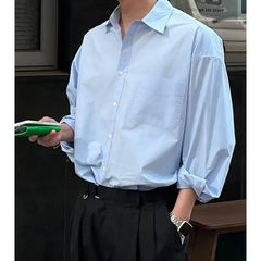 Hehope Spring New Korean Light Blue Shirt Men Oversized Solid Color Lapel Button Pocket Loose Business Casual Long Sleeve Mens Shirts