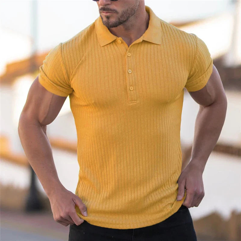 Hehope Summer Fashion Solid Ribbed Sports Polo Shirt for Men Short Sleeve Slim Fit Breathable Fitness Gym Bodybuilding Tops Ropa Hombre