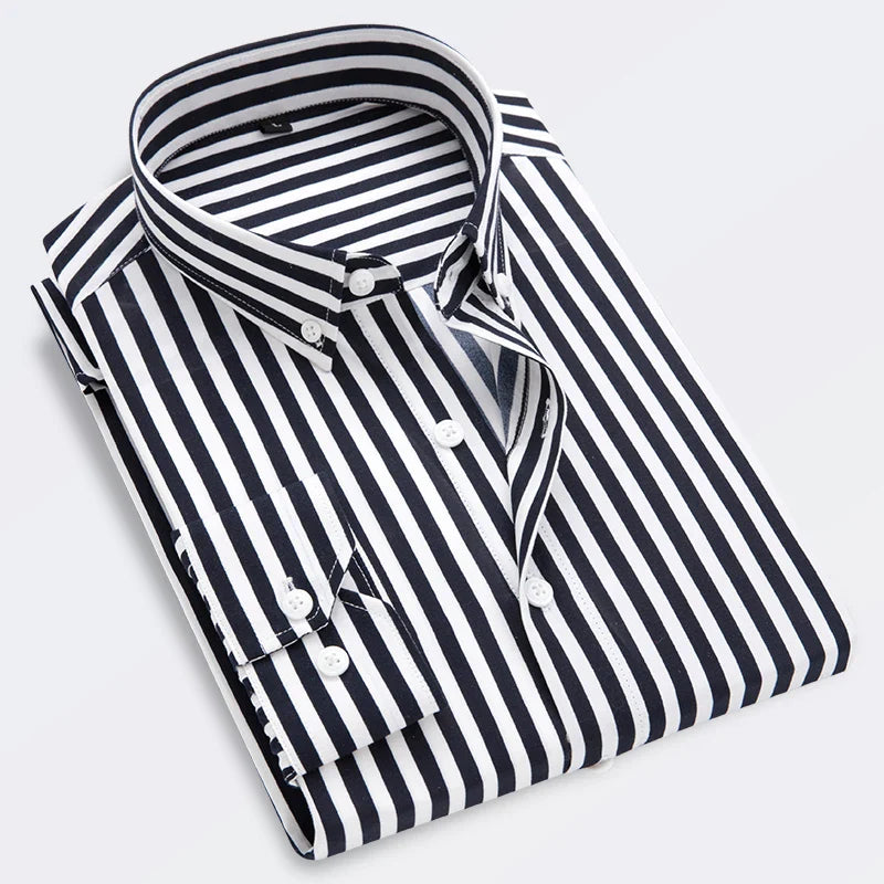 Hehope M-5XL Autumn New Men's Striped Shirt Solid Casual Long Sleeve Slim Fit Korean Edition Business Formal Laydown Shirt