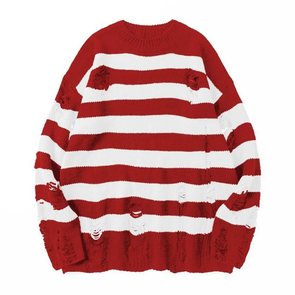 Hehope Autumn Winter Couple Stripe Sweaters Destroyed Ripped Sweater Men Pullover Hole Knitwear Women Oversized Fashion Harajuku Tops