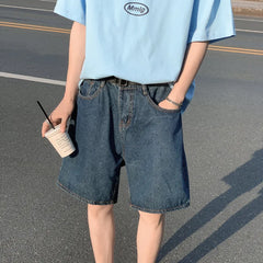 Hehope Summer Denim Shorts Men Fashion Retro Blue Denim Shorts Men Streetwear Korean Loose Straight Jeans Shorts Mens Five Part Pants