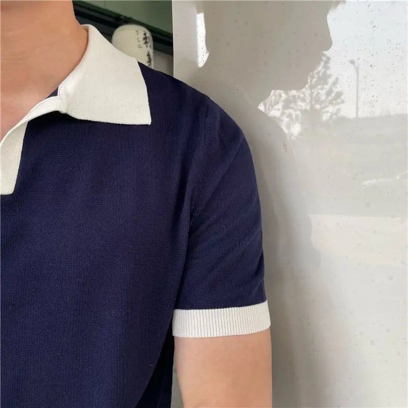 Hehope Summer Lapel Breathable Short Sleeve Temperament Men's Clothing Slim Korean Version Solid Color Trend Knitted POLO Shirt