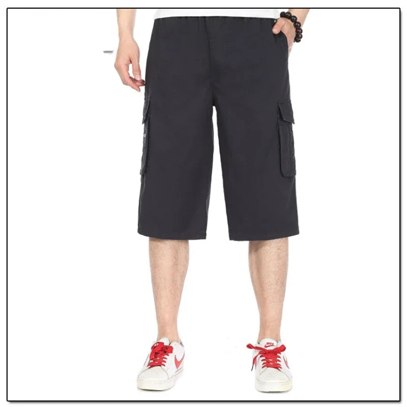 Hehope Summer Thin Middle-aged Men's Solid Color Spliced Large Mouth Bag Elastic Waist Casual Loose Versatile Seven Point Beach Shorts